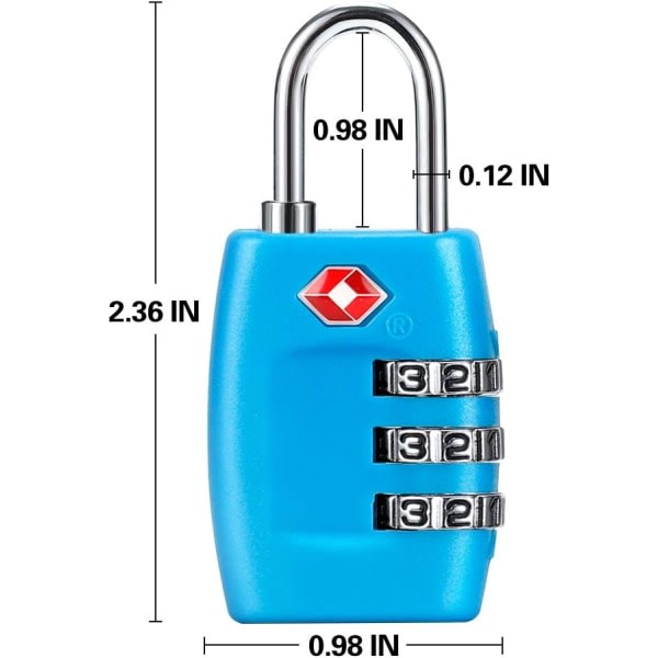 Bagagelås (4-pak) - 3-siffriga kombinationslås - Godkänt reselås for resväskor og bagage (blått)