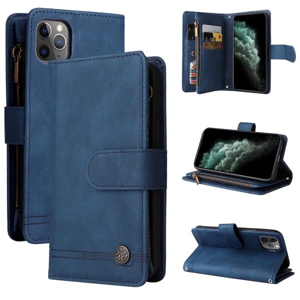 Taske til Iphone 11 Pro Læder Flip Folio Taske Med Kreditkortsholder Pengarficka Magnetisk knapper Taske Kickstand Shockproof Protec Blue A