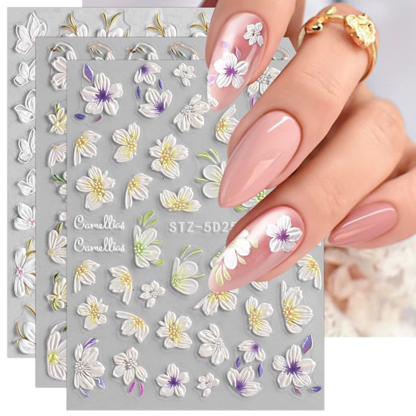 CDQ 5D präglade vårblommor Nail Art Stickers Dekaler 4 ark