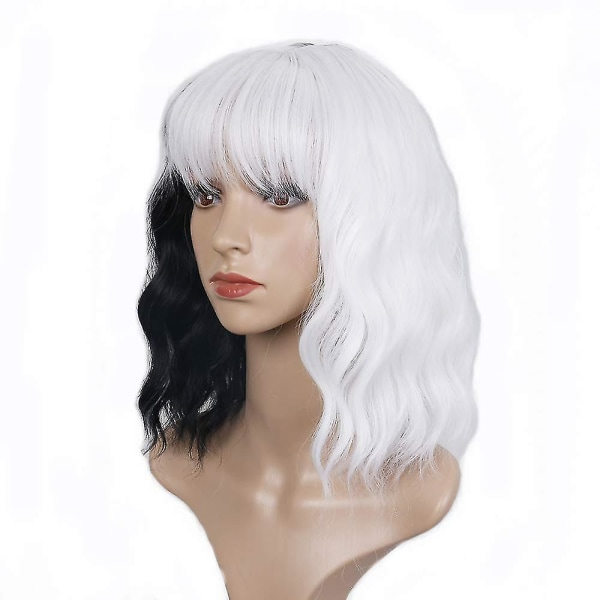 Kort sort og hvid paryk med pandehår Damperuk Curly Wave Syntetisk Cosplay Girl Farverig Paryk (bla