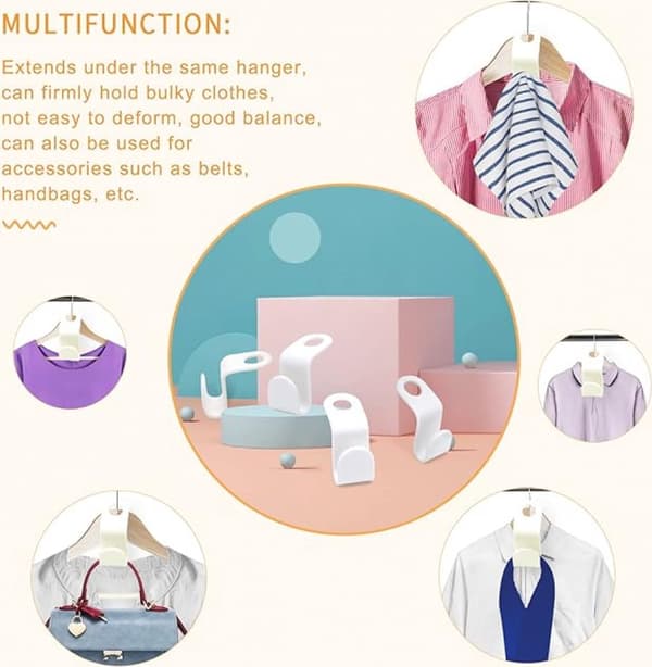 Clothes Hooks 50-pack - White Plastic - Cascade Hanging - Hanger Extension Clips - Space Saving for Wardrobe