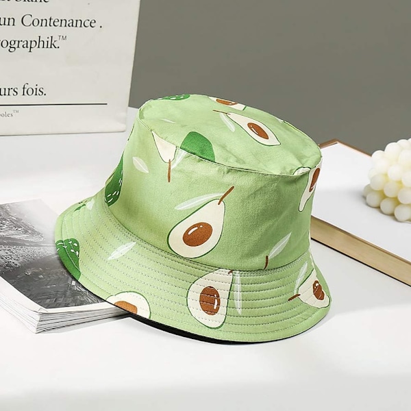 Söt bucket hat strandfiskarhattar för kvinnor, vändbar dubbelsidig användning Avocado