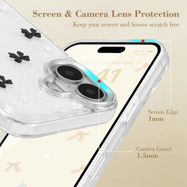 Deksel til iPhone 16 Plus, Bling Glitter 3D Rosett Telefondeksel Søtt Glitrende Krystallklart Rosett Slim Mykt Slitesterkt Beskyttende Etui Svart Black iPhone 16 Plus