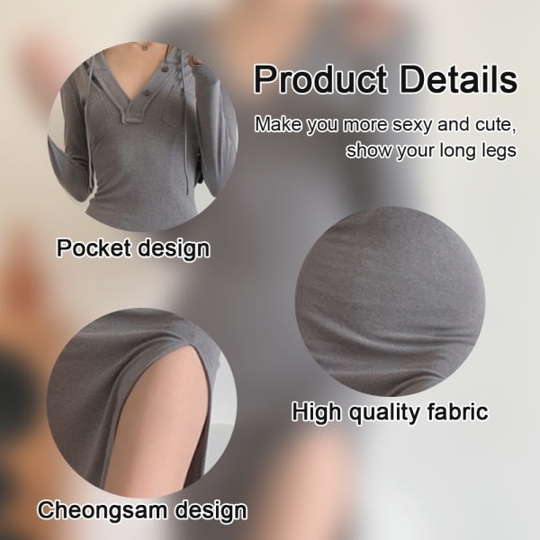 Kvinnors sexig långärmad miniklänning med rynkad knapp framtill grå XXL CDQ