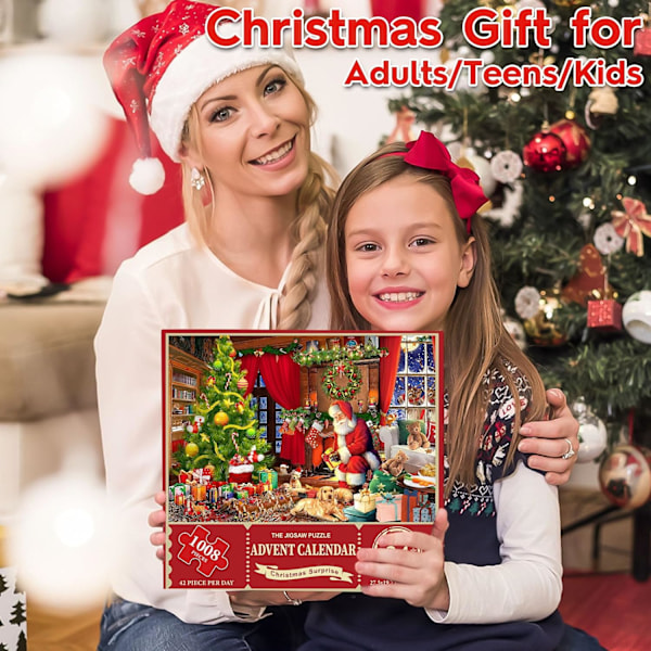 Jigsaw-palapeli Adventskalenteri 2024 - 1008-osainen palapeli aikuisille ja lapsille, 24 päivän laskuri, Joulupukin yllätys
