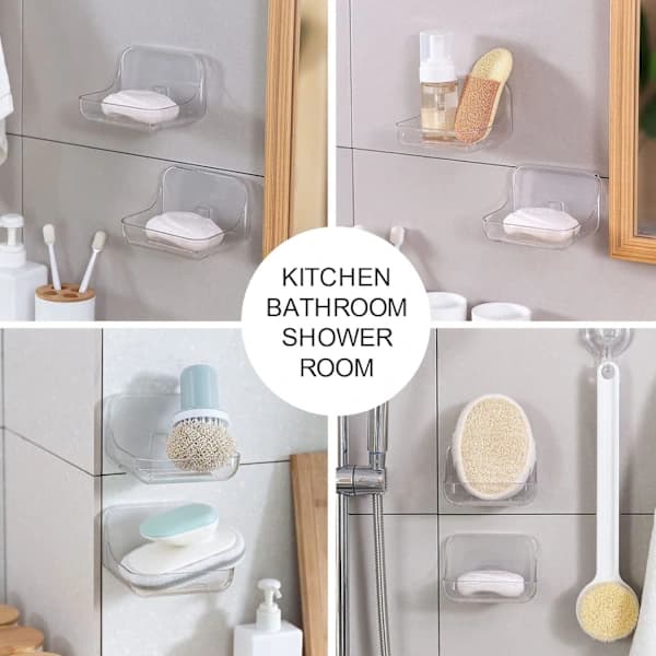 Soap Dish Holder, 2-Pack Shower Soap Sponge Holder, Wall Mounted Self-Adhesive Storage for Kitchen and Bathroom, Clear PET