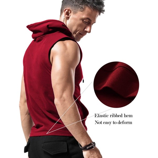 AVEKI T-shirt med hætte til mænd Ærmeløse træningstrøjer Bodybuilding Muscle Ærmeløse T-shirts, Rød, XXL zdq