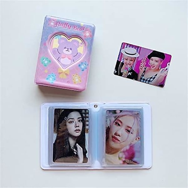 3 tums fotokortsalbum Kpop mini fotoalbum, kärlekshjärta Hollfotokort ID-hållare 40 fickor med björnhänge och kaninkort (lila)