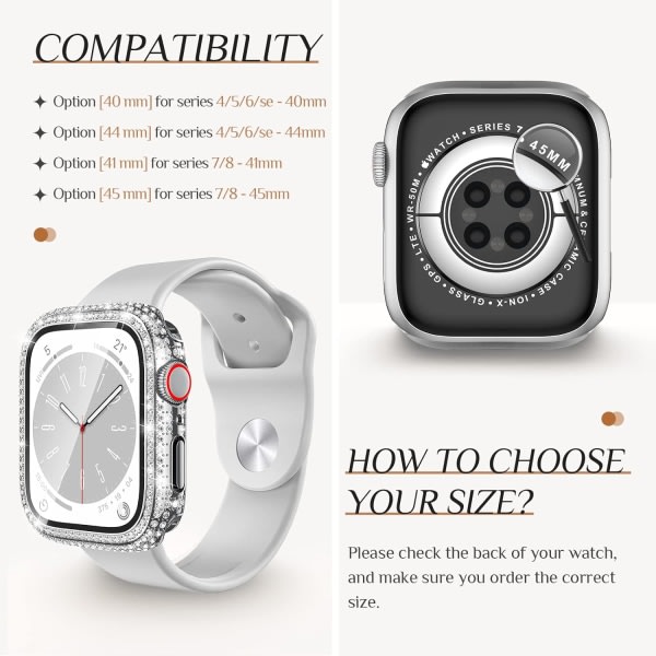 Goton 2 i 1 vanntätt Bling-deksel for Apple Watch 40 mm skjermbeskyttelse SE (2nd Gen) Series 6 5 4, Full Glitter Diamond Rhinestone Bumper Face Cover