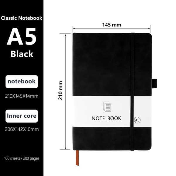 Notesbog A5 - Læderomslag - 200 Sider - Linjeret - Sort