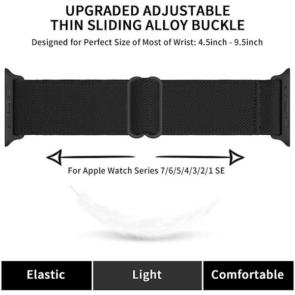 Apple Watch 42/44/45/49mm Justerbart og Elastisk Nylon Loop Armbånd Black Svart