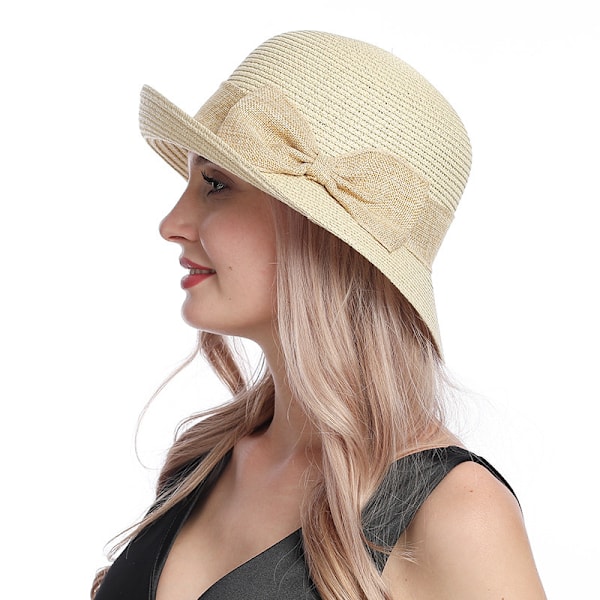 Justerbar sommarhatt för damer, hopfällbar med lockig rosett, passar alla tillfällen, solhatt, solskydd (beige)