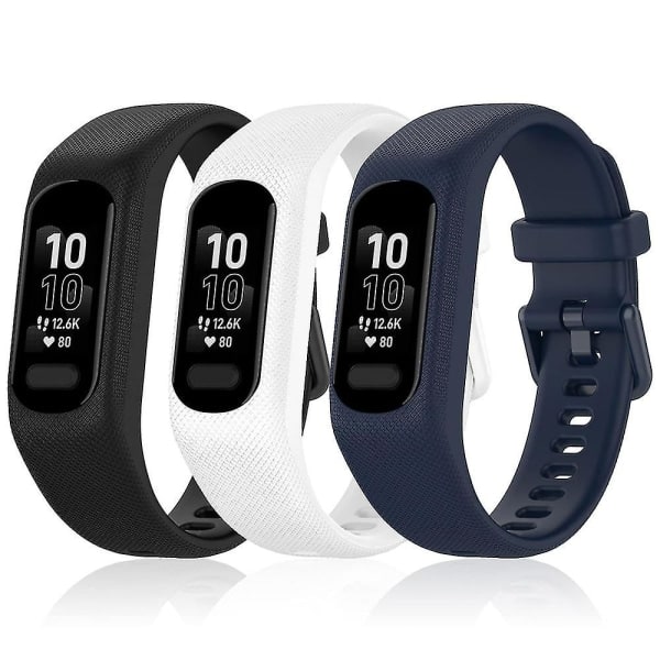 3 stk. bløde silikonebånd til Garmin Vivosmart 5 remme, udskiftningssportsbånd i farverige farver til Vivosmart 5 armbånd, sort-hvid-blå