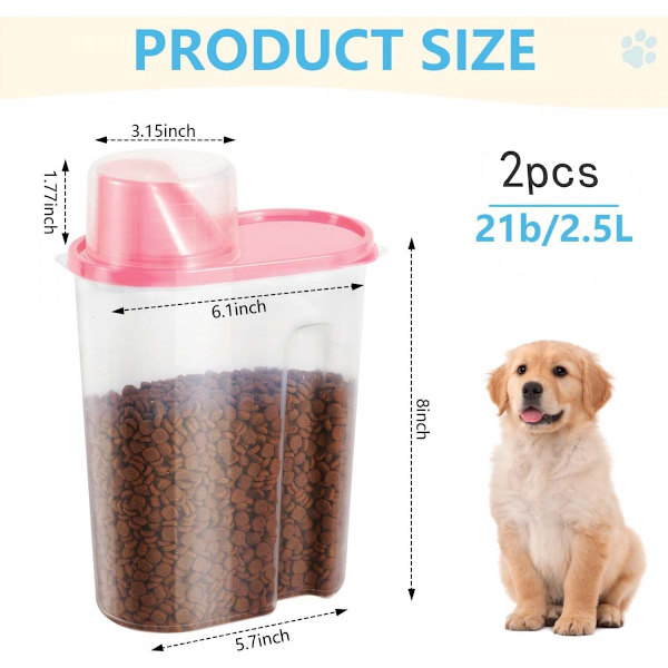 Lufttæt opbevaringsbeholdersæt til kæledyrsfoder med målebægerlåg, 2-pak 2,5L ABS tørfoderbeholder til hunde og katte, pink 25x15x8 cm