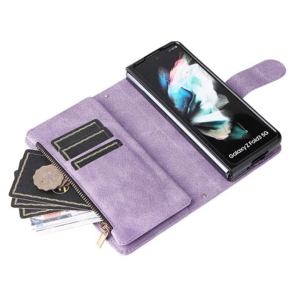 Case För Samsung Galaxy Z Fold 3 5g Läder Flip Case Med Kreditkortshållare Pengarficka Magnetiska knappar Case Kickstand Shoc Purple A