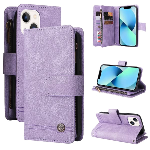 Case For Iphone 13 Mini Läder Flip Folio Case Med Kreditkortshållare Pengarficka Magnetiska Knappar Case Kickstand Stötsäker Prote Purple A