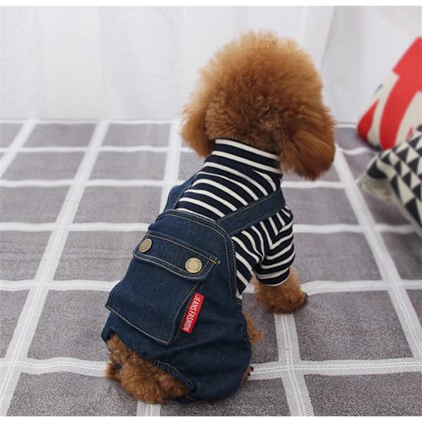 Hvalp Dyretøj Bamse Lille Hvalpetøj Forår og Efterår Firebenede Stribede Denim Overalls (Sort, S)