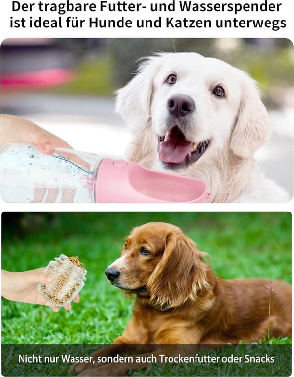 2-i-1 Hundevandflaske med 100g Foderbeholder, 500ml ABS, Lækagesikker Trykknapdispenser til Hunde og Katte på Gåture, Pink