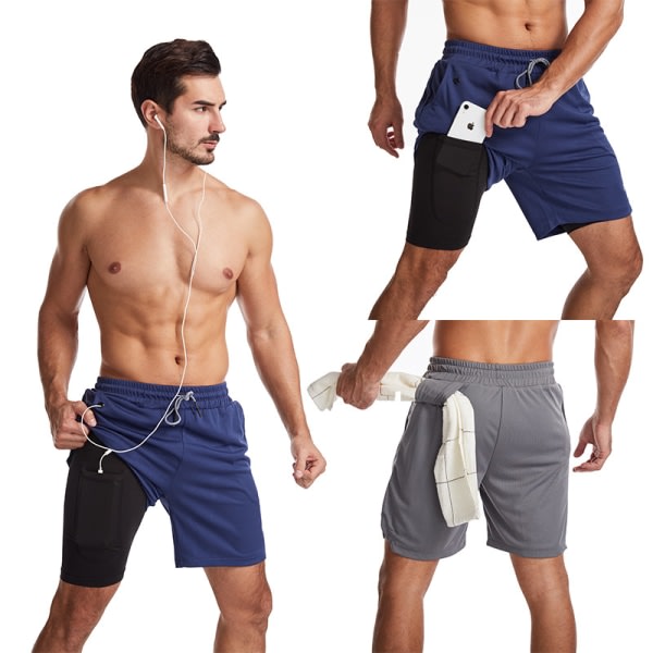 Badshorts for menn, 2-i-1 hurtigtørkende stretch badeshorts med kompresjonsfôr, badeshorts for surfing med 2 glidelåslommer, blå, XL, zdq