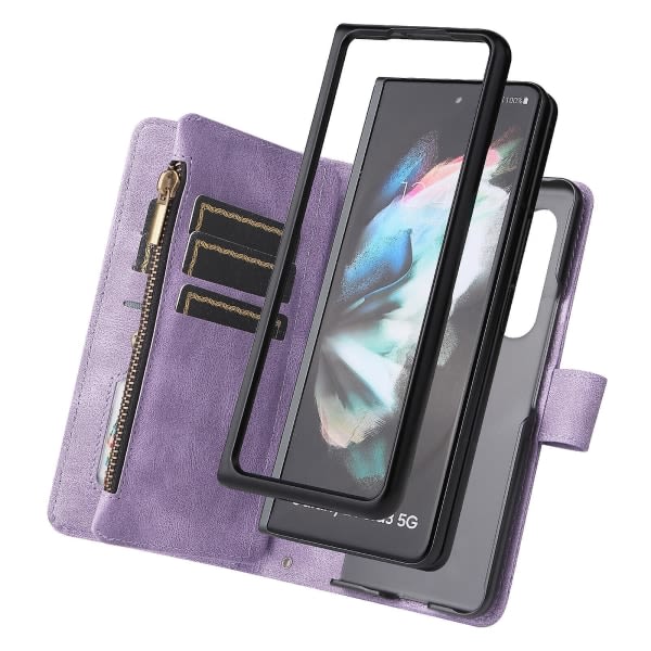 Case For Samsung Galaxy Z Fold 3 5g Läder Flip Case Med Kreditkortsholder Pengarficka Magnetisk knapper Case Kickstand Shoc Purple A