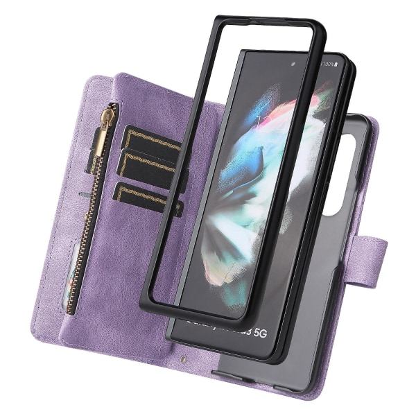 Fodral för Samsung Galaxy Z Fold 3 5g Läder Flip Case Med Kreditkortshållare Pengarficka Magnetiska knappar Case Kickstand Shoc Lila A