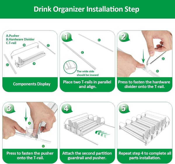 Justerbar dåseorganisator til køleskab - 38 cm dybde - Til 12oz, 16oz & 20oz dåser - Hvid