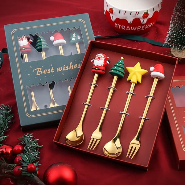 4ST6ST Julklapp Lersked Gaffel Set Älg Träd Dessert Sp Guld Gold 6pcs
