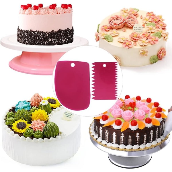 Tårtskrapa Smidigare sett, tårtutjämnande skärplåtsverktygskombination, tårtglasyrsskrapare Tårtkantsdekoreringsverktyg. (2 sett, rosa rød + oransje) zdq