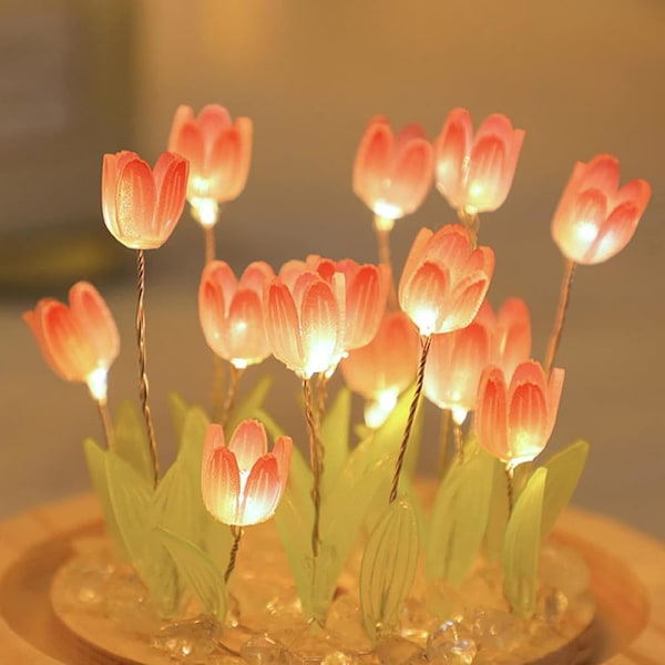 20 Blomster) Sammensat Tulip Lampe Natlampe med Glaskuppel, Stilfuld Håndlavet Kunstig Blomst Bordlampe Soveværelses Skrivebordsdekoration