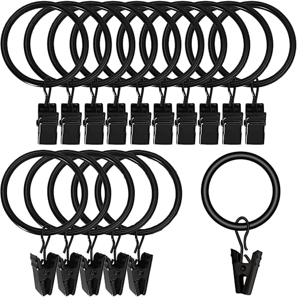 Gardinringe, 16 stk., 38 mm, rustfrit stål sort, med clips, til badeforhæng, tykke