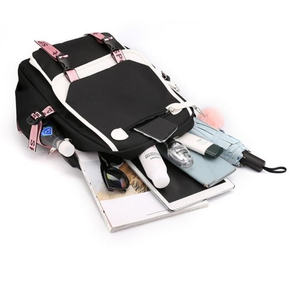 Svartrosa ryggsäck med hörlursport, USB-ladningsforstærkere