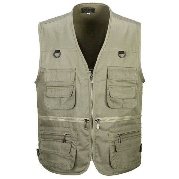 Herre Udendørs Fiskevest Jagt Vandring Udendørsvest Lomme Khaki- Perfekt Khaki XL