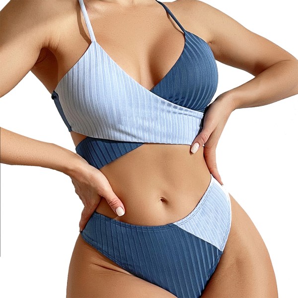 CDQ Kvinnor Sexig Wrap Bikini Swwimsuit Sets Cross-Cross Color Block