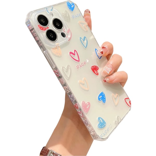 Colorful Love Heart kompatibel med iPhone 13 Pro Max 6,7 tum 5g phone case fyrkantig genomskinlig bumper Söt litet mönster på sidan