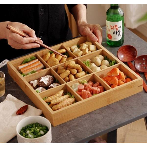 9 Rutenett Bambus Serveringsbrett Fruktskål Hot Pot Snackfat Matfat Tallerken