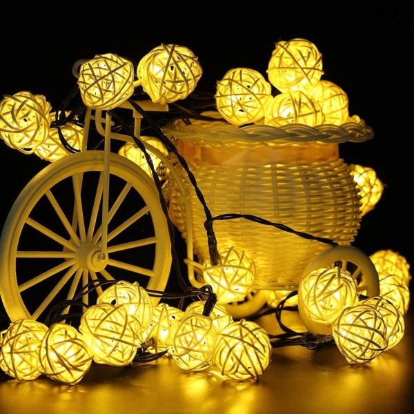 CDQ Rattan Fairy Lights Solvarm Hvid, 20 LEDS 5M 8Modes Udendørs