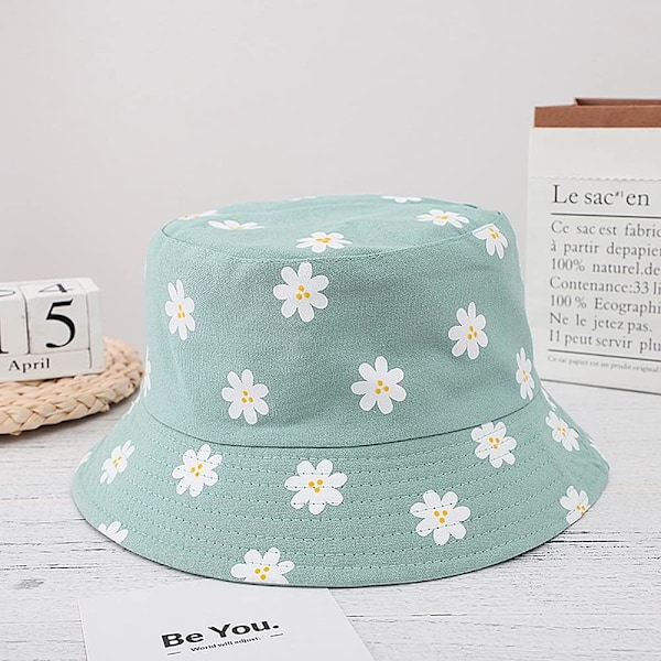 Söt bucket hat strandfiskehattar för kvinnor, vändbar dubbelsidig användning Flower Green