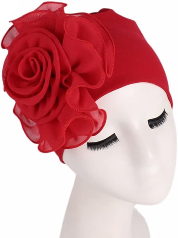 Dam Blommig Chemo Turban Mössa Mjuk Stretch Polyester Huvudduk Cancer Mössa för Håravfall Sovmössa Röd