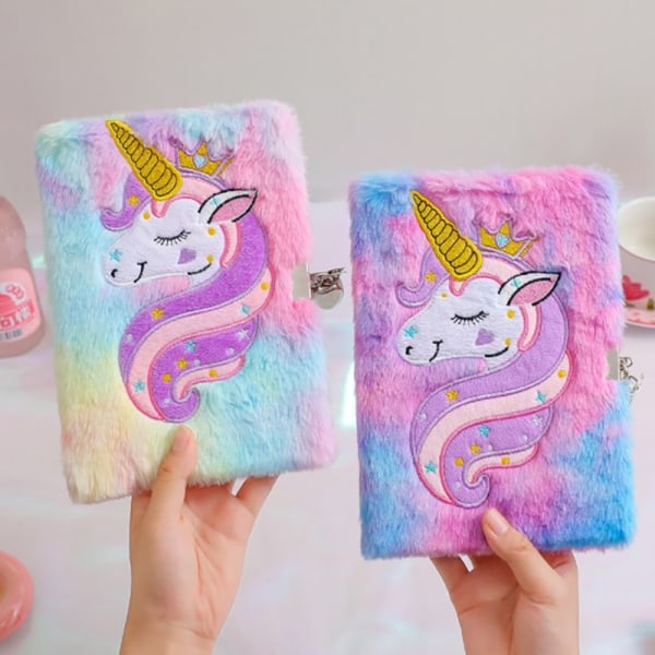 CDQ Tecknad Unicorn Notebook Plysch Handbok Med Lås For Barn Pink