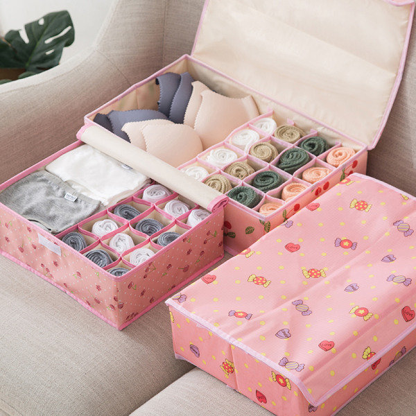 Söt tecknad printed Oxford tyg 13 Grid Strumpor BH Trosa Underkläder Organizer rosa persika zdq