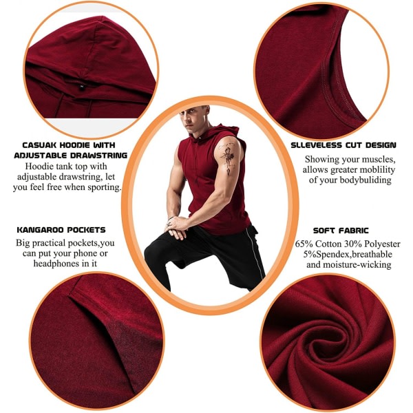 AVEKI Träningströjor med huva för män Ärmlösa gymhuvtröjor Bodybuilding Muscle Ärmlösa T-shirts, Röda, L zdq