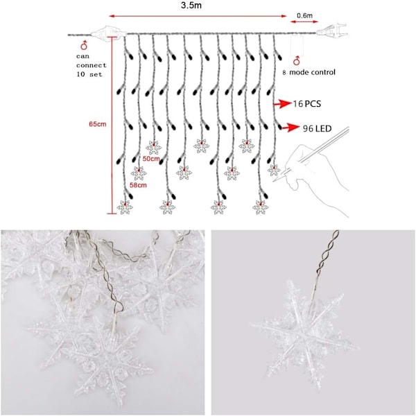 3,5M snefnug lyskæde, 96 LED-strenglys 8 lystilstande, vinduesdekoration, jul, bryllup, fødselsdag, hjem, terrasse - varm hvid-Xin