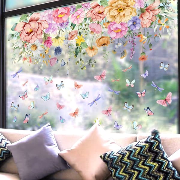Statisk vindusdekor - 30x60 cm - Blomstermønster - PVC - C - Ingen lim nødvendig