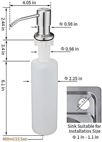 Indbygget sæbedispenser til vask, topfyldning 304 rustfrit stål med 400 ml flaske til køkkenvask, børstet nikkel