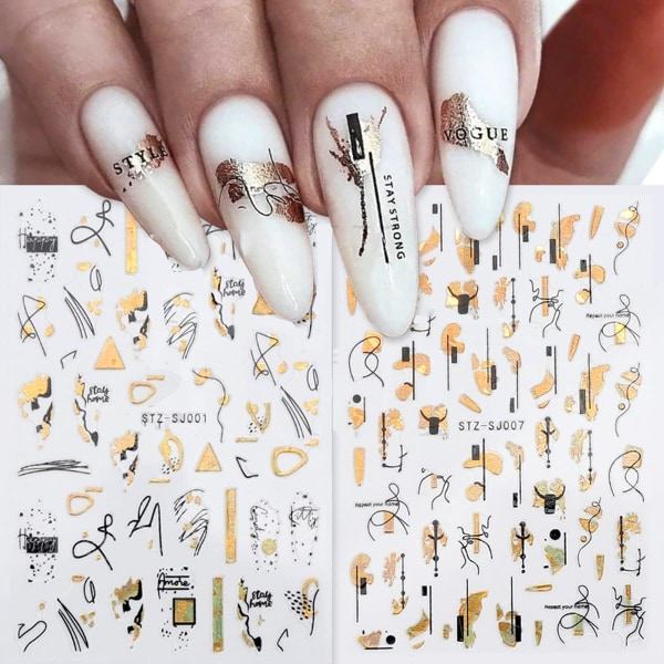 Gull abstrakte negleklistremerker Nail Art 9 ark selvklebende negle