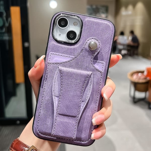 Pu Läder Tpu Phone case För Iphone 14 Plus Anti-dropp cover korthållare, stöd Purple