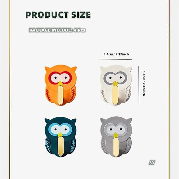 4-pack Owl Shaped Heavy Duty Wall Hooks