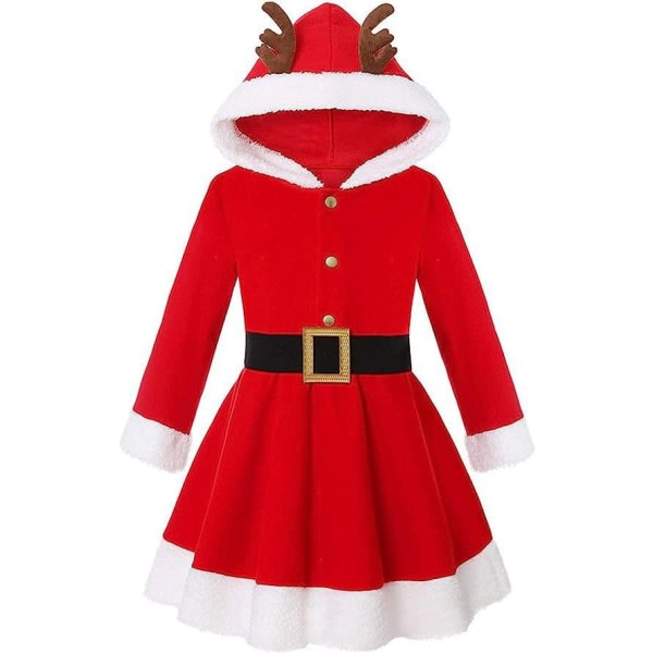 Flickor Jul Fru Jultomten Kostym Röd sammet Hettegenser Klänning 150cm