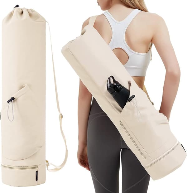 Yogamattväska med vattenflaskficka och våtficka, beige, 78x19cm