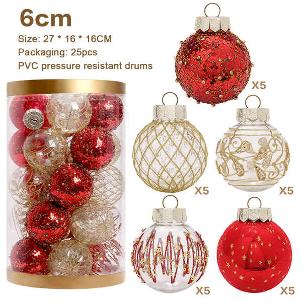 CDQ 25 st juldekorationer, 6 cm Xmas Tree Hanging Ball Xmas Red gold